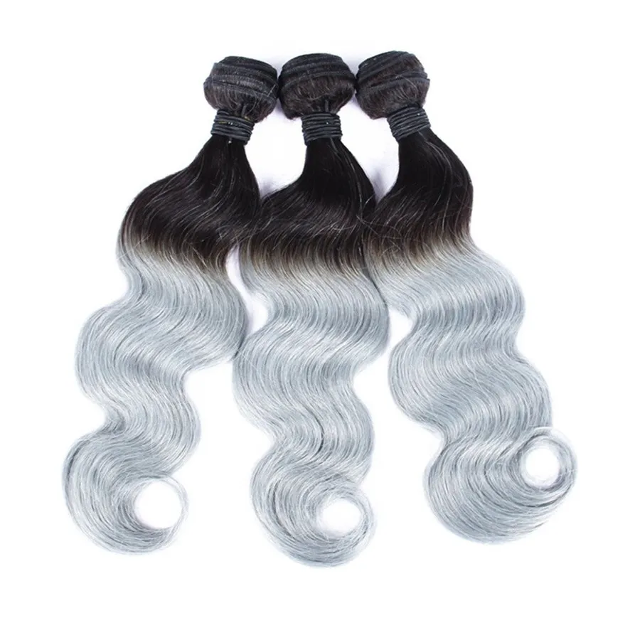 Nouvelle Arrivée 1B Gris Ombre Cheveux Armure 3 Bundles 10 "-30" Cheveux Humains Brésiliens Corps Vague Extensions Couleur Deux Tons Cheveux Humains