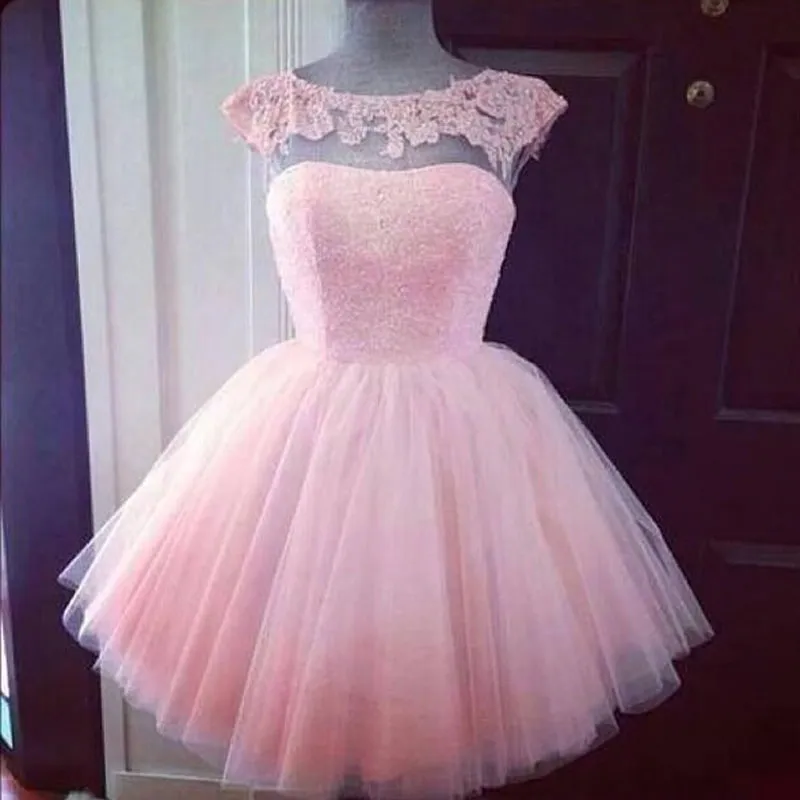 Cheap High Quality Blush Pink Short Prom Dresses A Line Illusion Bateau Neckline Cap Sleeves Mini Party Gowns Formal Wear