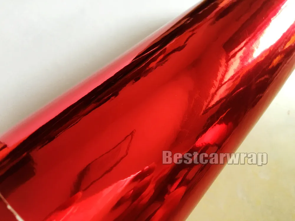 Premium Chrome Red Błyszczące winylowe opakowanie z wydaniem powietrza. Wysoki elastyczne elastyczne czerwone chromowane lustrzane lusterka folia 1,52x20m/rolka 5x66 stóp