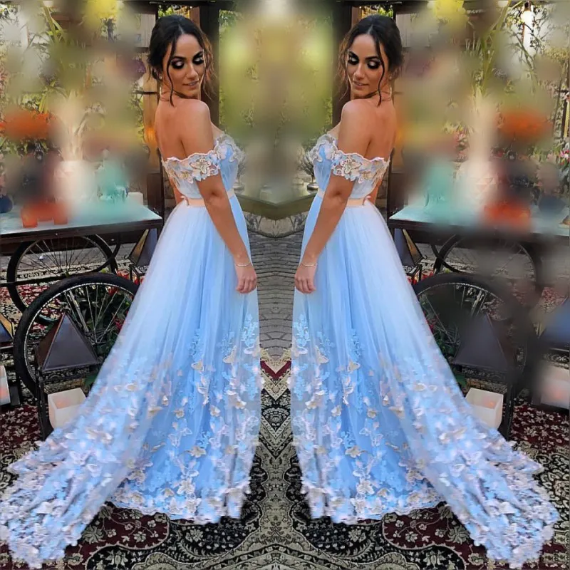 Gorgeous Sky Blue Prom Dresses Sexy Off The Shoulder Butterfly Lace Appliques Evening Gowns Tulle A Line Formal Party Dress Sweep Train