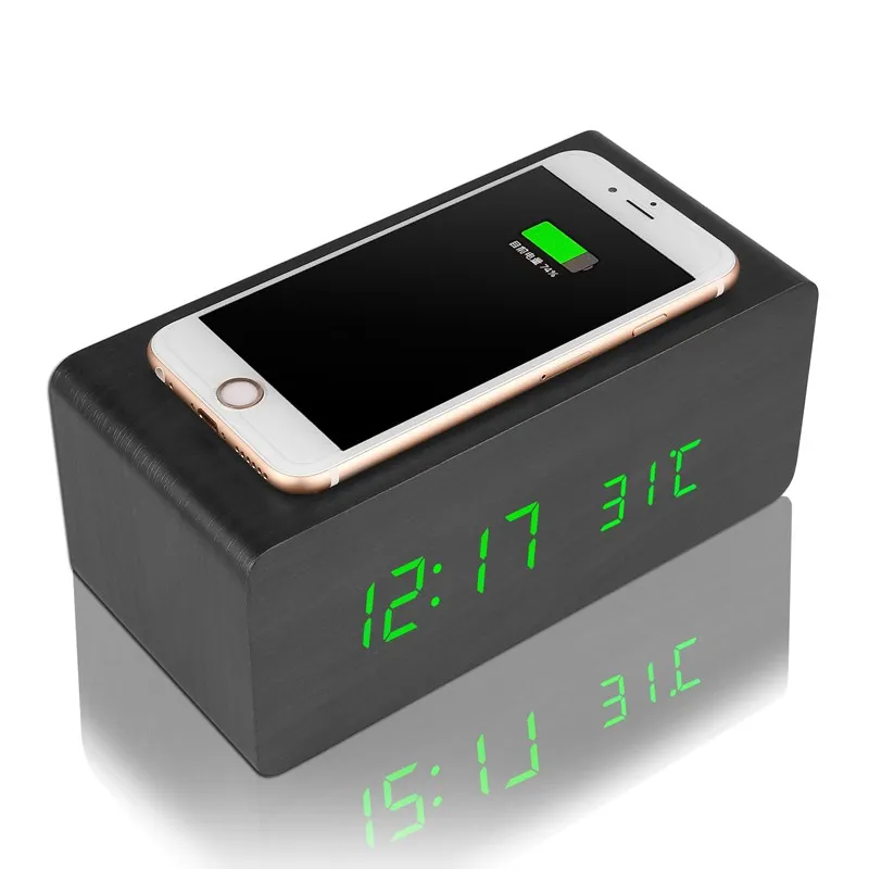 Sveglia multifunzionale in legno Caricabatterie wireless Wood Cube LED Sveglia Termometro Timer Calendario Ricarica QI wireless per smartphone