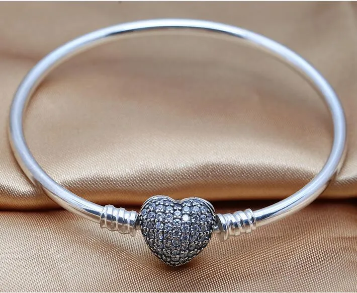 100 % authentischer Armreif aus 925er-Sterlingsilber mit herzförmigem Verschluss und Zirkonia, passend für Pandora-Charm-Perlen, 1 Stück/Los