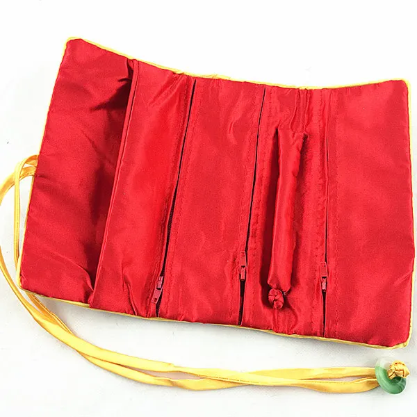 Portable Jade Button Silk brocade Jewelry Travel Roll Bag Chinese Cosmetic Pouch Drawstring Women Makeup Storage Bags 