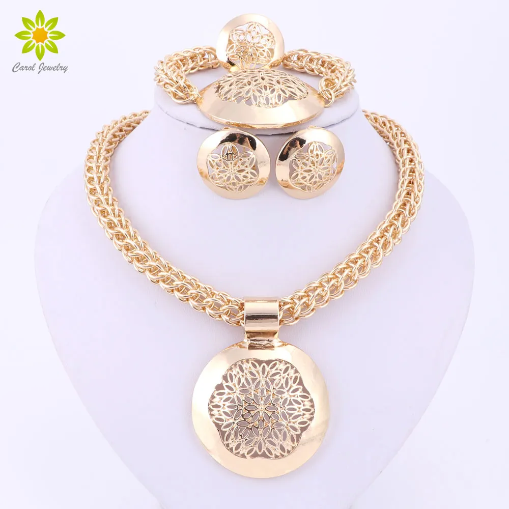 2016 Latest Fashion African Jewelry Set Round Pendant Gold Plated Dubai Big Necklace Earrings Wedding Sets Gift For Women