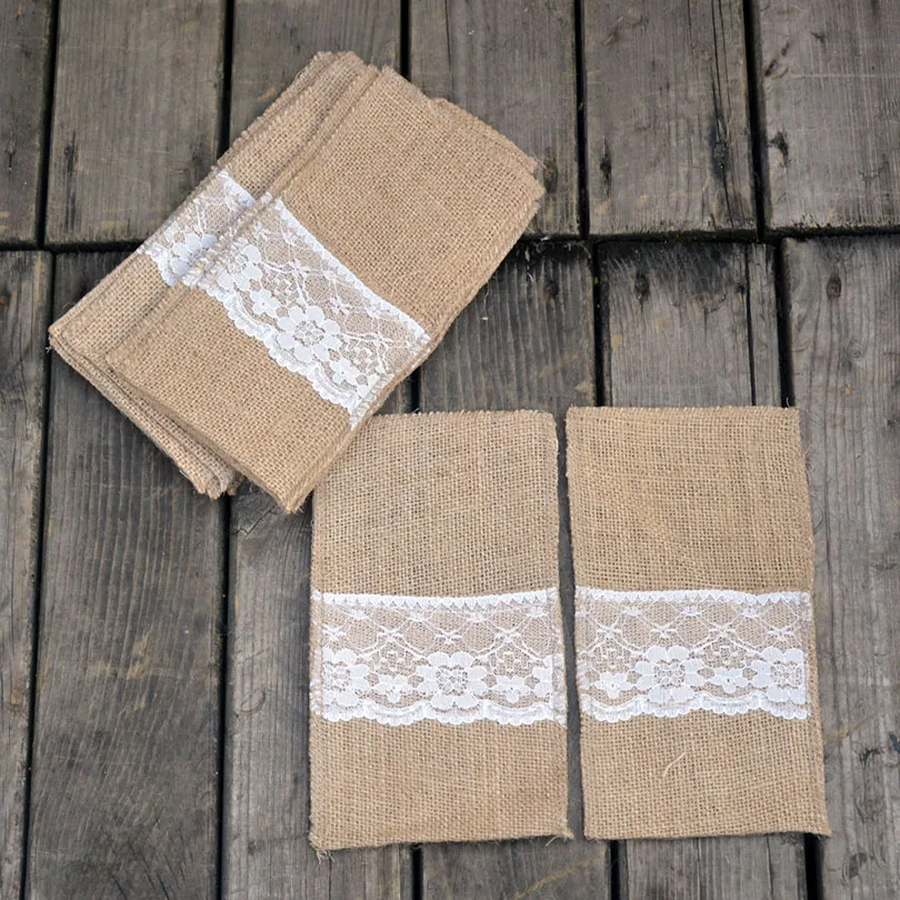 Lace burlap cutlery holders pouch utensil storage bag linens vintage heart wedding party supplies Christmas tableware decoration flatware