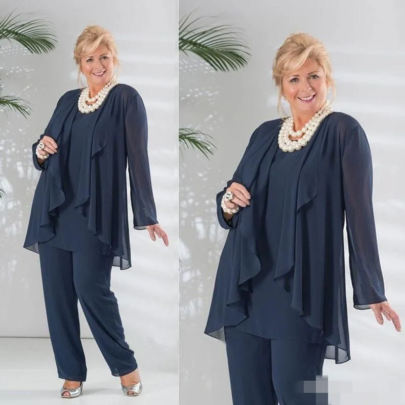 Dark Navy Tre stycken Chiffon Mor av bruden byxa kostymer med långärmad jacka byxor kostym plus storlek bröllop gästklänning