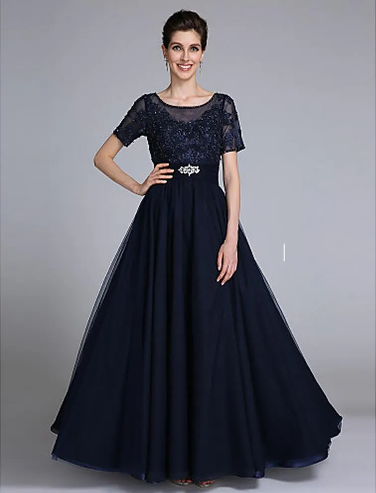 Elegant Mother Of the Bride Groom Dresses Floor-length Short Sleeve A Line Scoop Appliques with Beadings Wedding Party Evening Gowns