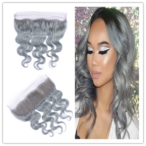 Brazylijski Srebrny Szary Ludzki Hair Ear do Ucho Full Koronki Frontale 13x4 Ciało Fale Faliste Koronki Frontal Zamknięcie Pure Gray Color Bleached Węzły