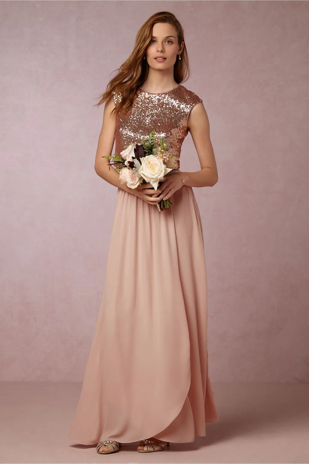 Bhldn Two Pieces Sequins Country Bridesmaid Dresses Cheap Jewel Neck Cap Sleeve Sweep Train Plus Size Long Bridesmaid Dress