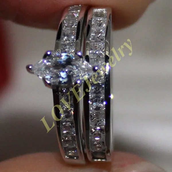 Lady's 925 Silver Filled Marquise Cut Simulated Diamond CZ Side Stone Par Ring Set Two Layers Wedding Size 9 11 Brand Jewe222C