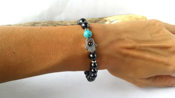 SN566High Quality Designer Homens Hamsa Mala pulseira hematita meditação pulseira pulseira de Yoga pulseira de pedra do homem de turquesa atacado