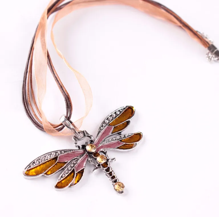 Vintage Dragonfly Crystal Hanger Ketting Lace String Ketting Vrouwen Verklaring Kettingen 6 Kleuren Brons Retro Sieraden