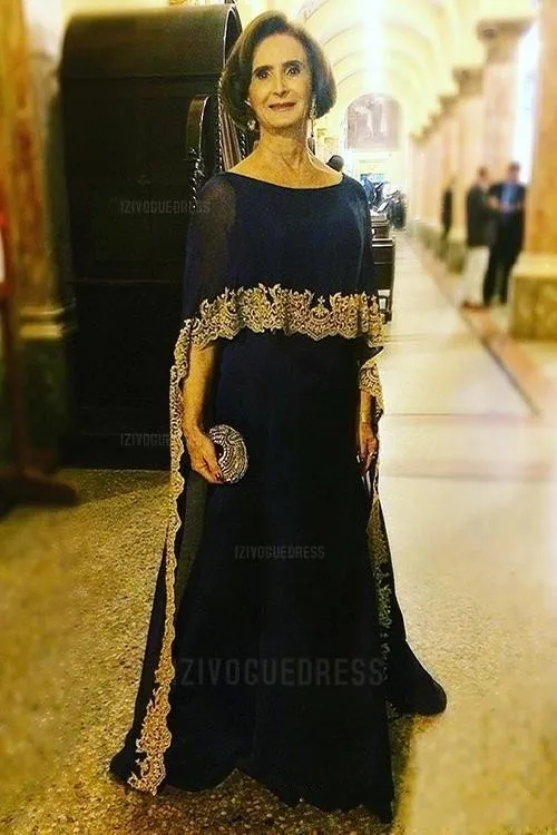 navy blue and gold mother of the bride dresses A-Line/Princess V-Neck 3/4 Sleeves Floor Length Mother of the Bride Dresses With Appliques & Beading Navy Blue main image 1