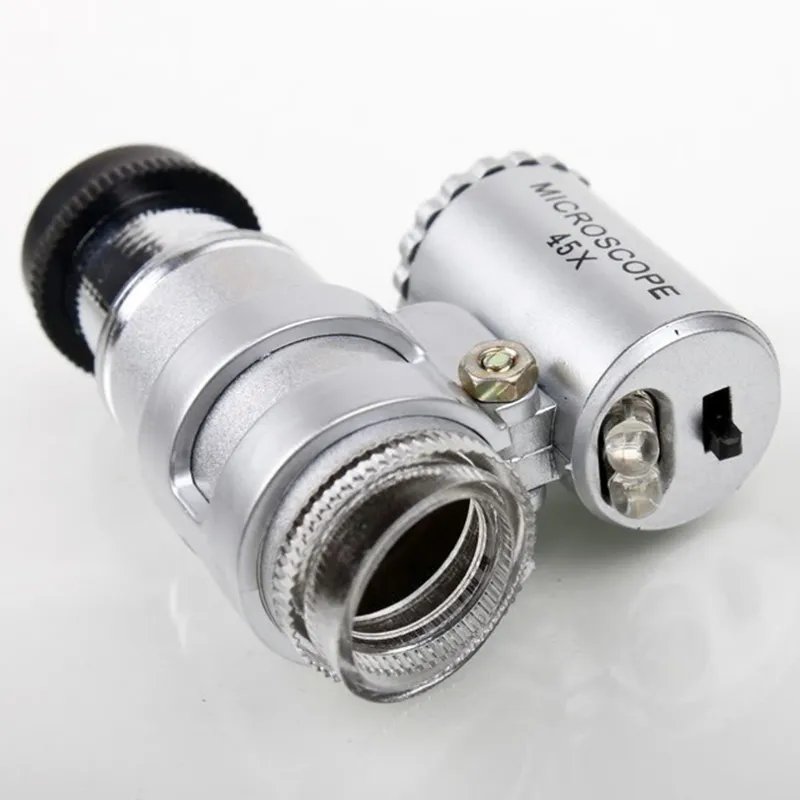 Микроскоп 45x ювелирные украшения ювелирные украшения Loupes Mini Magnifiers Pocket Microscopes со светодиодным светом с кожаным мешочком Maging Glass Mg10081-4