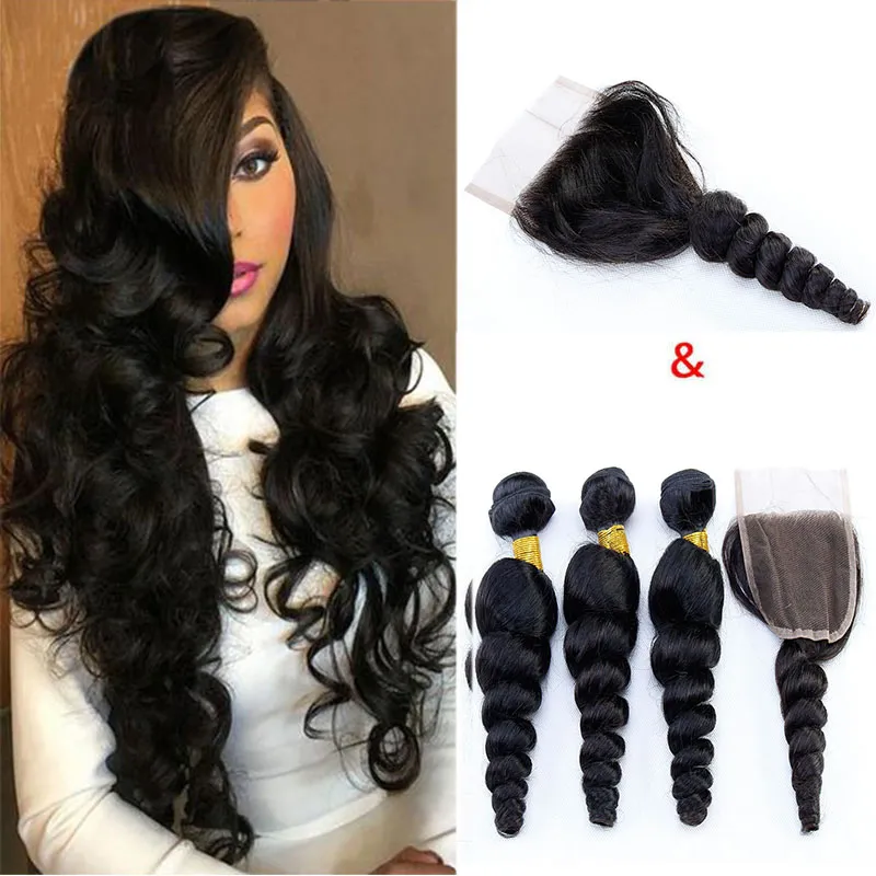 Brazilain Virgin Hair Loose Wave Mänskliga buntar med stängning Billiga Human Hair Weft Weave Extensions med stängning Naturliga Färg Hårförsäljare