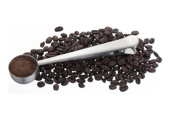 Nowy przyjeżdża ze stali nierdzewnej mielona kawa pomiarowa łyżka z torba uszczelniona klips srebro