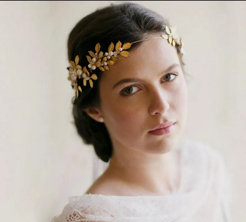 Moda Ucuz Düğün Gelin Nedime Barok Altın Yapraklar İnci Kristal Rhinestone Saç Aksesuarları Headpieces Kafa Tiara Prenses