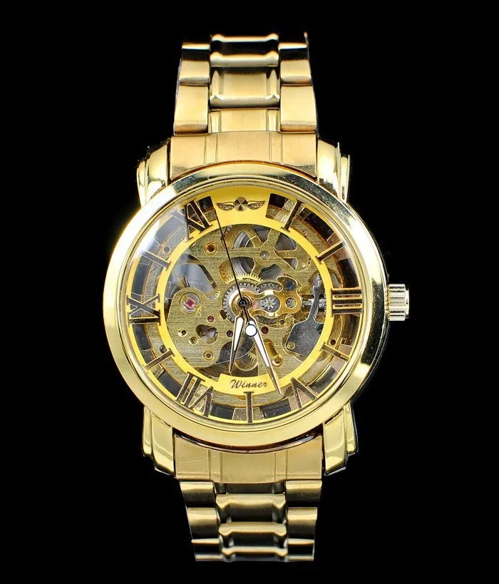 Mens Gold Skeleton Steel Self Mechanical Watch fashion steel men/women clock winner brand stylish design wrist dress skeleton watches gift