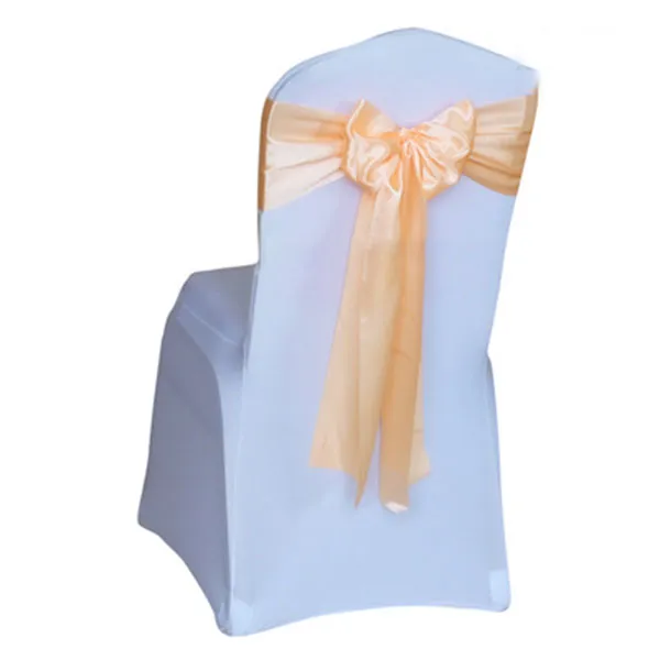 Champagne Satin Chair Sashes Bow Slipsar för bröllopsfest Juldekoration Ornament 7 * 108 '' 'Linne bord löpare kjol wrapping presentöverlägg