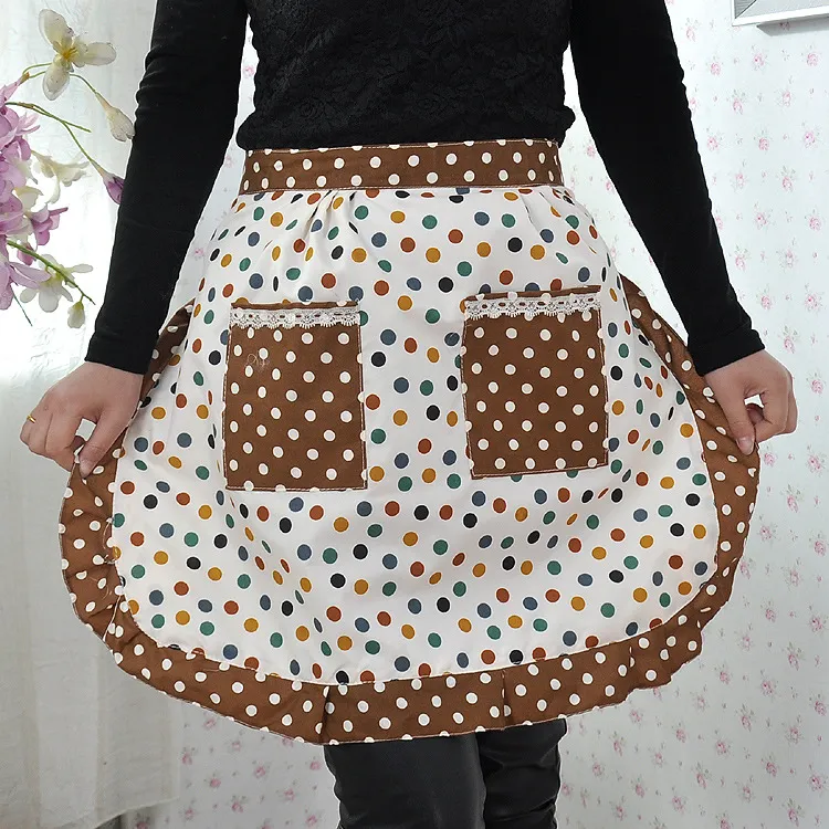 Women Housewife Short Waist Ruffled Floral Print Apron With Two Pockets Cooking Cotton Apron Bib For Restaurant Home Kitchen ZA0879