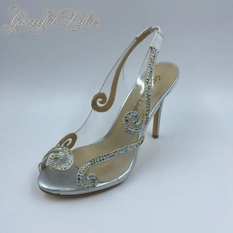 Sapatos de Casamento de Imagem Real de prata 2016 Womens Sandálias de Cinta de Volta Sapatos de Salto Alto De Cristal De Noiva Barato Senhoras Noite Sapatos Peep Toe