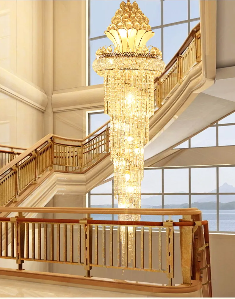 LED Modern Crystal Chandeliers American Gold Chandelier Lighting Fixture European Shining Long Droplight Dimmable Staircase Hanging Lamps