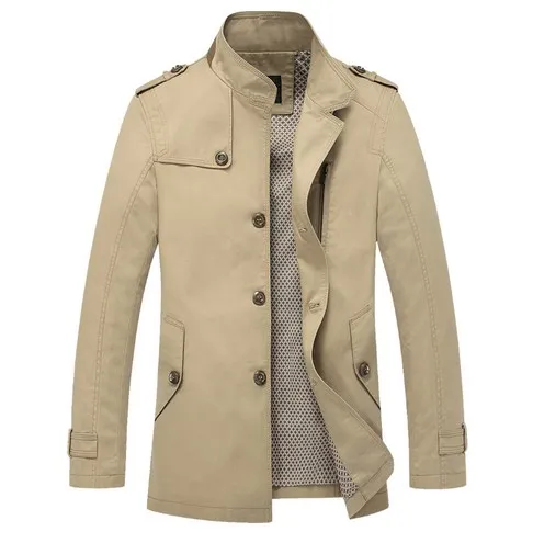 AIERA Mannen Solid Trench Coat Mandarijn Kraag Mode Heren Overjas Slim Fit Merk Kleding Casual Katoenen Jas