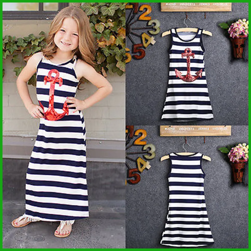 2016 top fashional style girls navy anchor sleeveless striped dresses children kids sequined blue white stripes party vestidos 