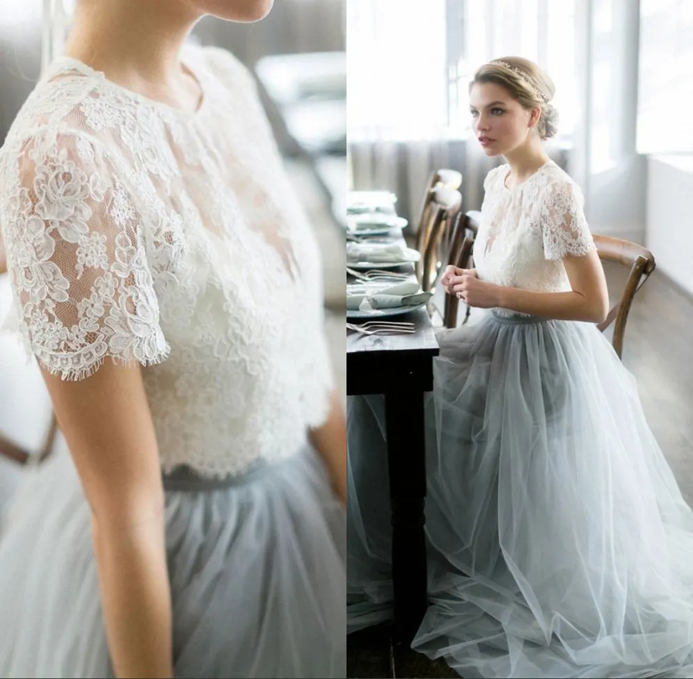 Vintage Country Wedding Dresses Beach Bohemian Lace Tulle Bridal Gowns Sheer Neck Short Sleeves Colored Wedding Guest Party Gowns