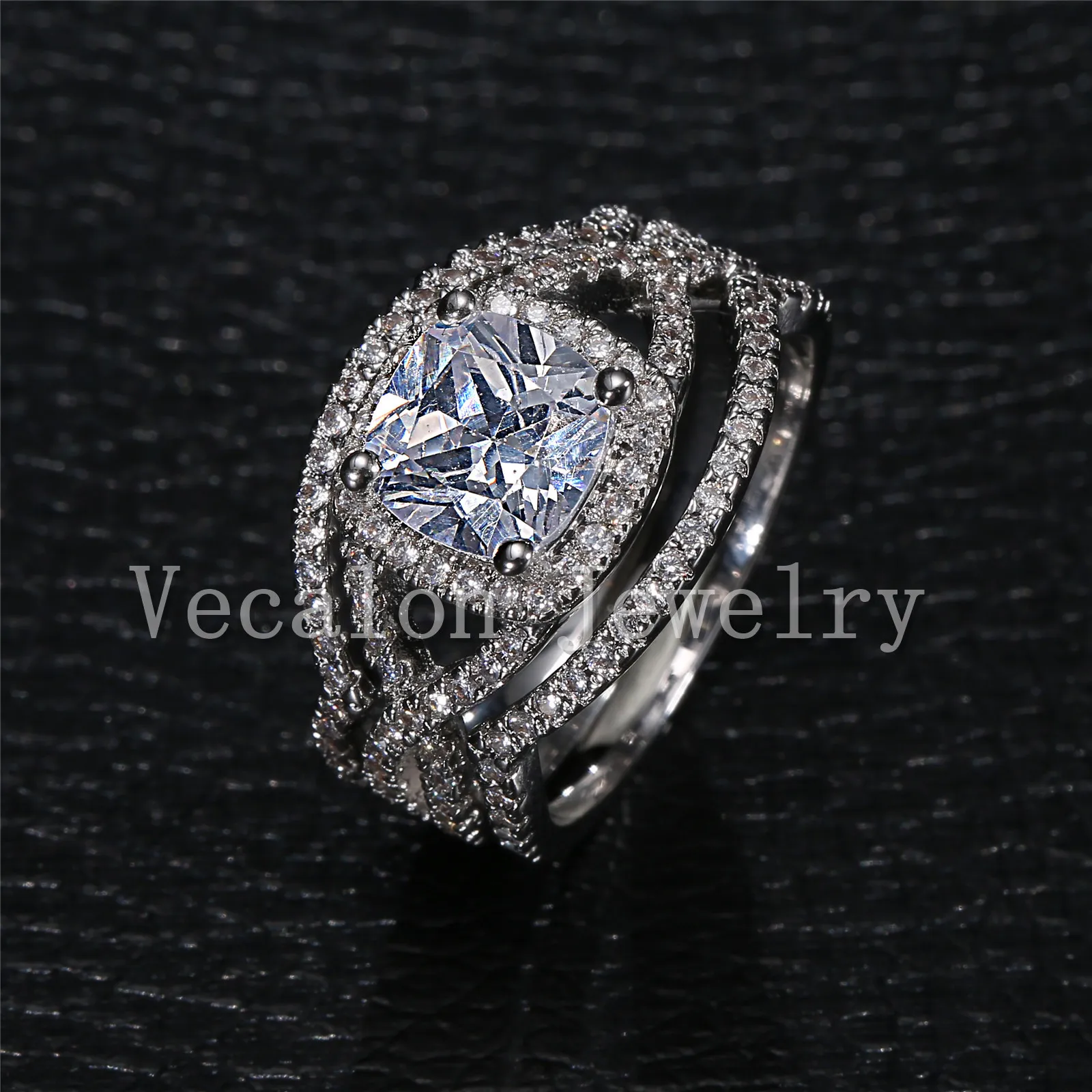 Vecalon 2016 CUSHION CUT 3CT Имитация Diamond CZ 3-I в-1 Обручальное кольцо для женщин 10KT Белое золото заполненное кольцо для взаимодействия