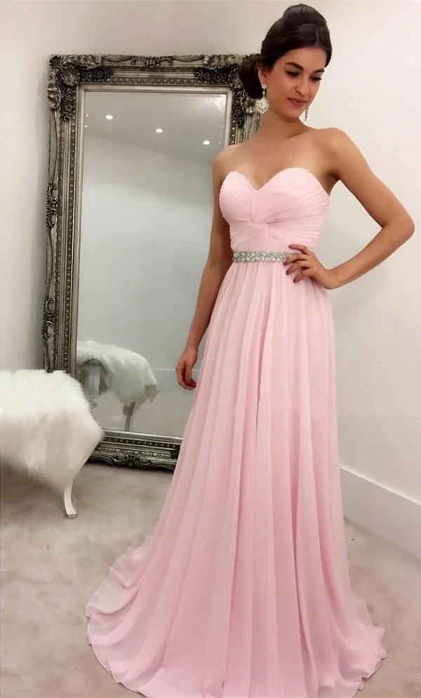 Ucuz Yarışması Elbise Pembe Şifon Balo Dressess Dantelli En Sweetheart Kolsuz Kristaller Uzun Örgün Akşam Parti Gowns Sweep Tren