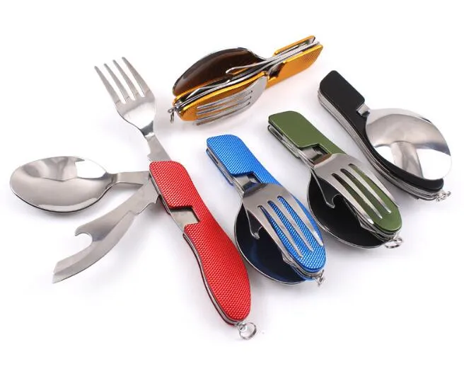 New Arrive Multi-function Outdoor Camping Picnic Tableware Stainless Steel Cutlery 4 in 1 Folding Spoon Fork Knife&Bottle Opener