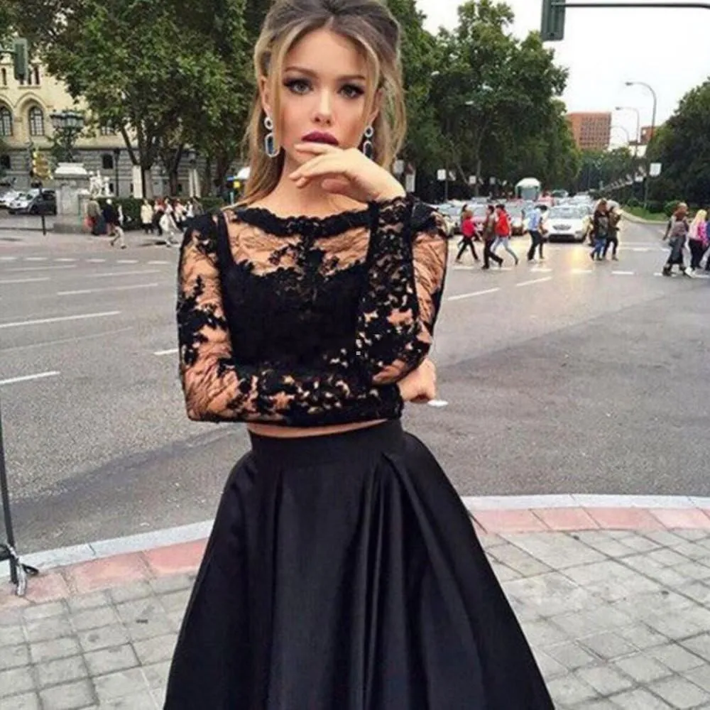 Two Pieces Prom Dresses Lace Long Sleeves Black Evening Dresses Sheer Crew Neck Special Occasions Gowns Victorian Style Formal Par5289407