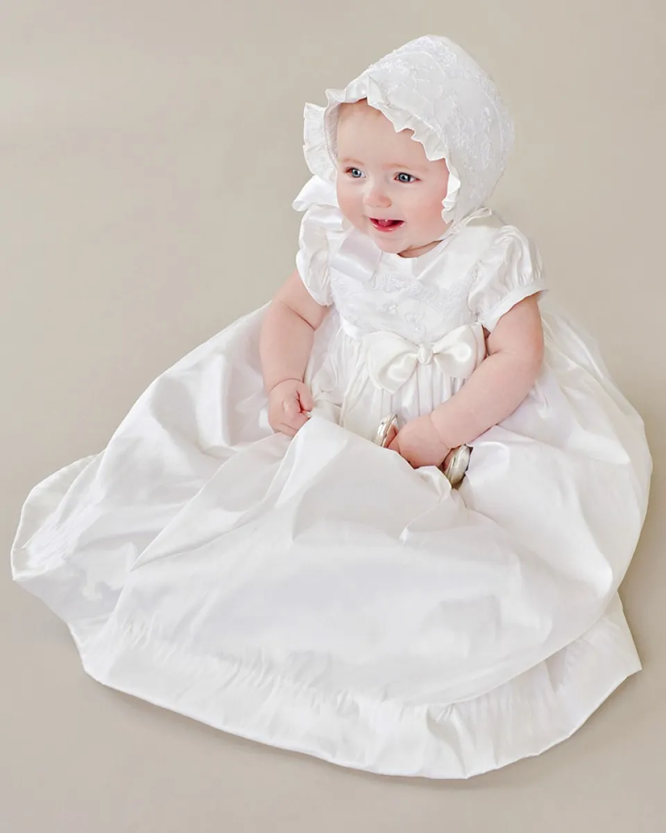 First Communion Dress Vintage Short Sleeves Lace Applique Baby Girl Baptism Christening Dresses White Beige Baptism Bow Gown3136425