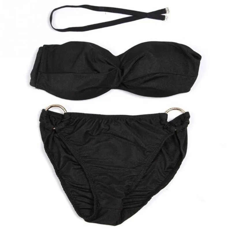 2017 Sommar Kvinnor Sexig Metal Ring Push Up Elastic Band Bikini Set Strapless Badkläder Vadderad Låg Midja Baddräkt