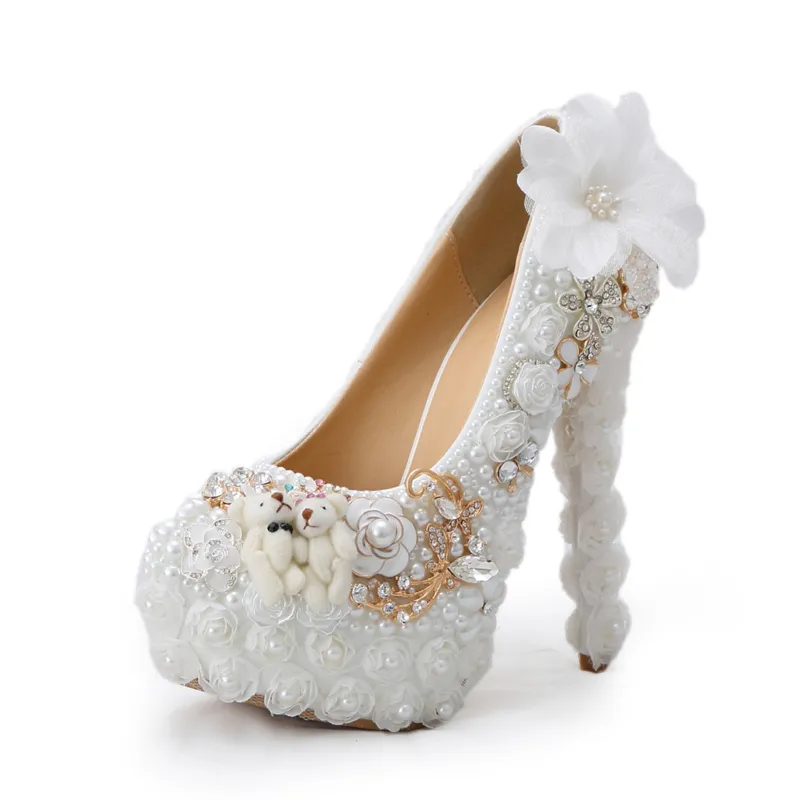 Special Design Wedding Shoes White Pearl High Heel Bride Dress Shoes Lace Flower and Lovely Bear Platform Prom Party Pumps