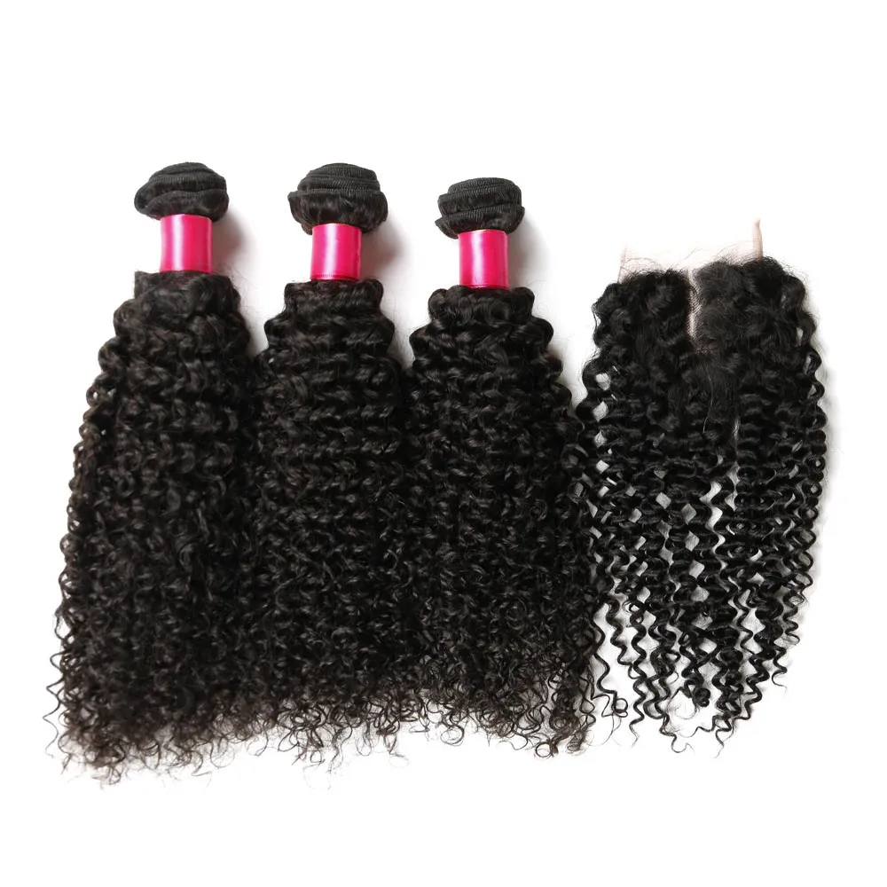 7A Remy Afro crespo ricci capelli vergini chiusura in pizzo o parte centrale con 3 pacchi capelli umani ricci crespi brasiliani capelli huaman 7313504