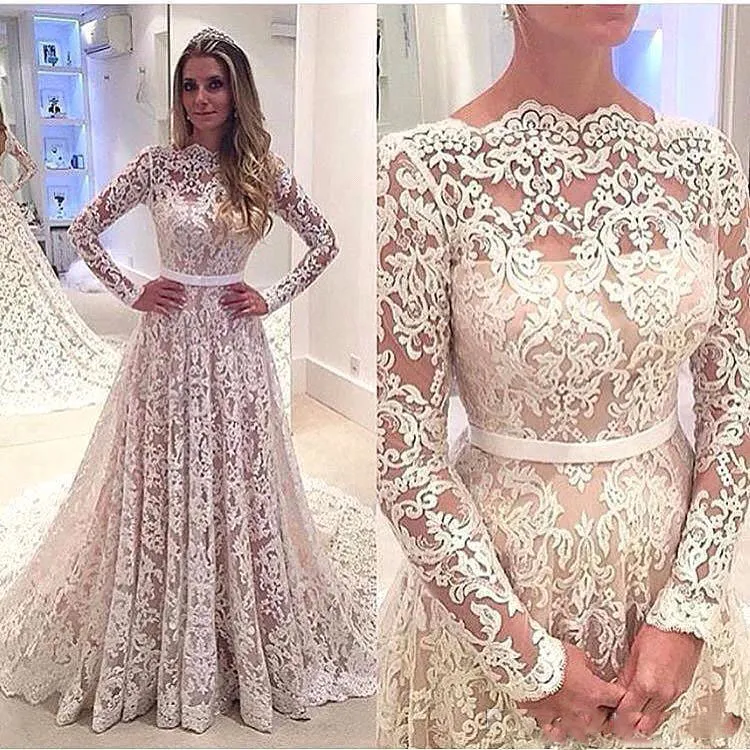 Robe De Soiree 2017 Full Lace Backless A line Wedding Dresses Bateau Neck Court Train Long Sleeves Bridal Gowns Custom Made