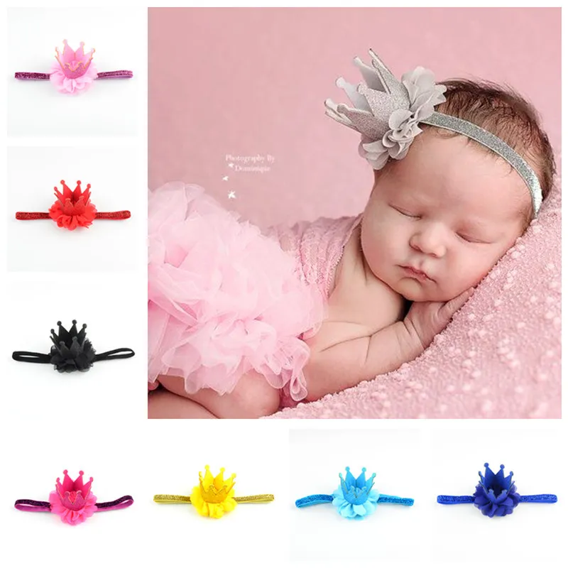 8 couleurs princesse couronne bandeau Bling élastique chapeaux nouveau-né bébé photographie accessoires dentelle cheveux accessoires épingle à cheveux