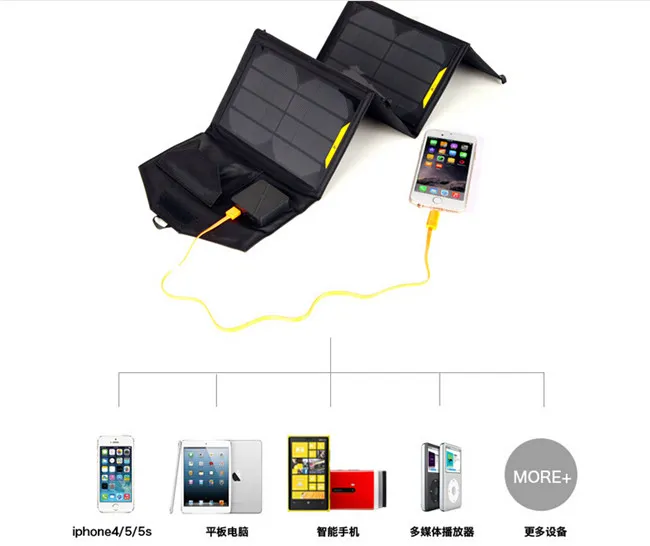 Chargeur solaire portable USB 14W pour téléphone portable + panneau solaire + sac portefeuille pliable pour chargeur de batterie USB