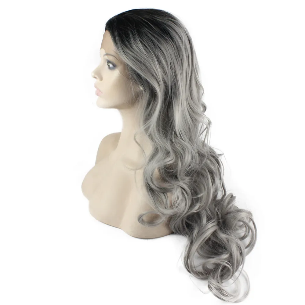 SF5 парик шнурка фронта Ombre Dark Root черный серый парик, Ombre Синтетический Волнистые парик серый Стильный Kanekalon парик для женщин способа