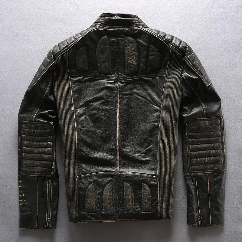 Vintage Black AVIREXFLY Men Cow Leather Jacket Retro Stripe Slim