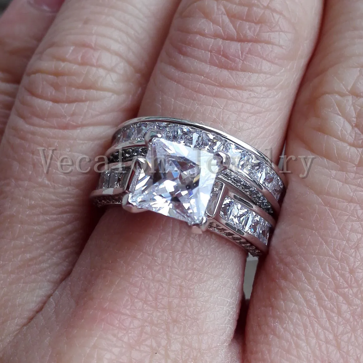 Vecalon ファッションジュエリー 7 ミリメートル Cz ダイヤモンド婚約結婚指輪リングセット女性のための 14KT ホワイトゴールド充填パーティーリング