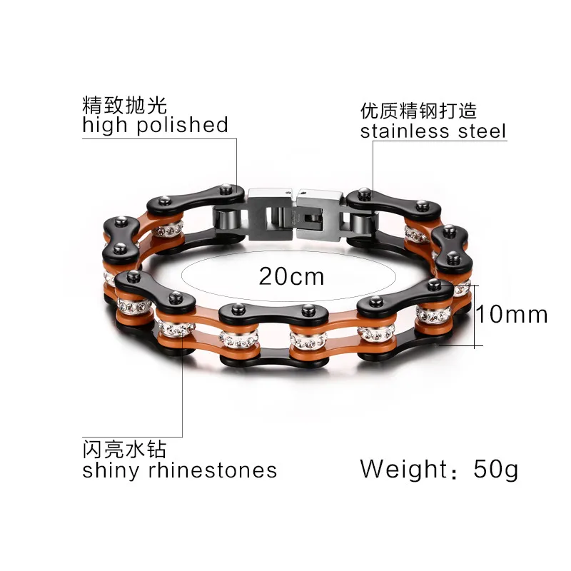 Hommes mode acier inoxydable strass bracelet Biker vélo chaîne manchette Racelet bracelets bijoux à la mode orthèse dentelle Orange/noir