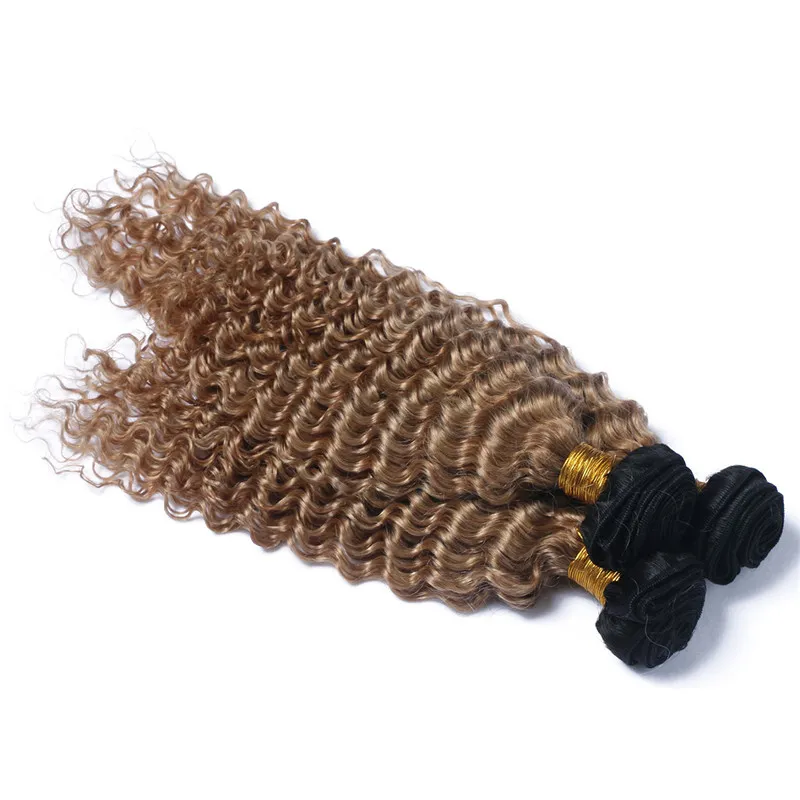 Deep Wave Honey Blonde Ombre Brasilianska Human Hair Buntlar 3st Två Tone 1b / 27 Ljusbrun Ombre Virgin Remy Mänskliga Hår Vikt.