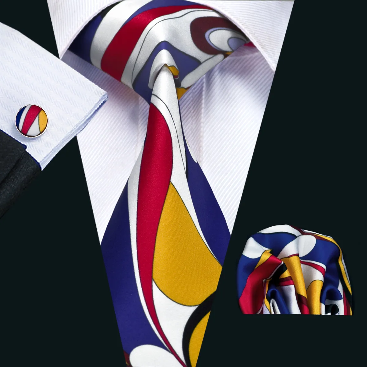 Модные мужские шелковые галстуки Красный Желтый Синий Белый Mix Color Stripes Печатный бизнес Свадебный набор галстуков включают запонки для галстука Hankerchief N-1230