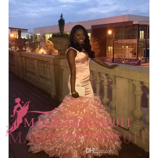 South Afric Evening Dresses Mermaid Organza Ruffles Ball Gown Satin Blush Pink Prom Gowns 2016 Pageant Gowns3521146