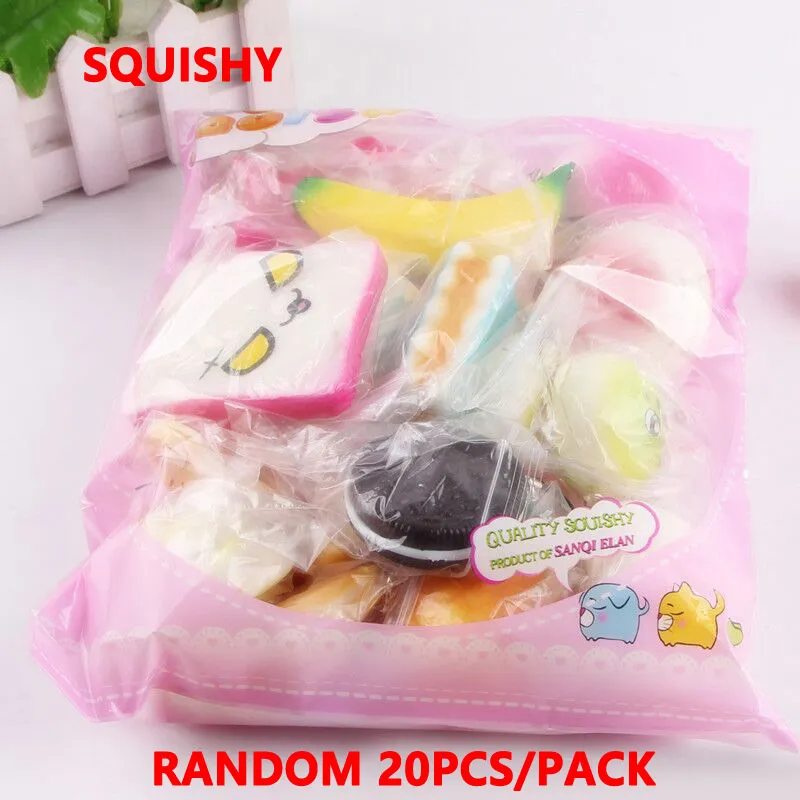 20 stks / pack Squishes Slow Rise Squishy Willekeurige Sweetmeats Ijs Cake Brood Aardbei Brood Charm Telefoon Banden Zacht Fruit Kinderen Speelgoed 666