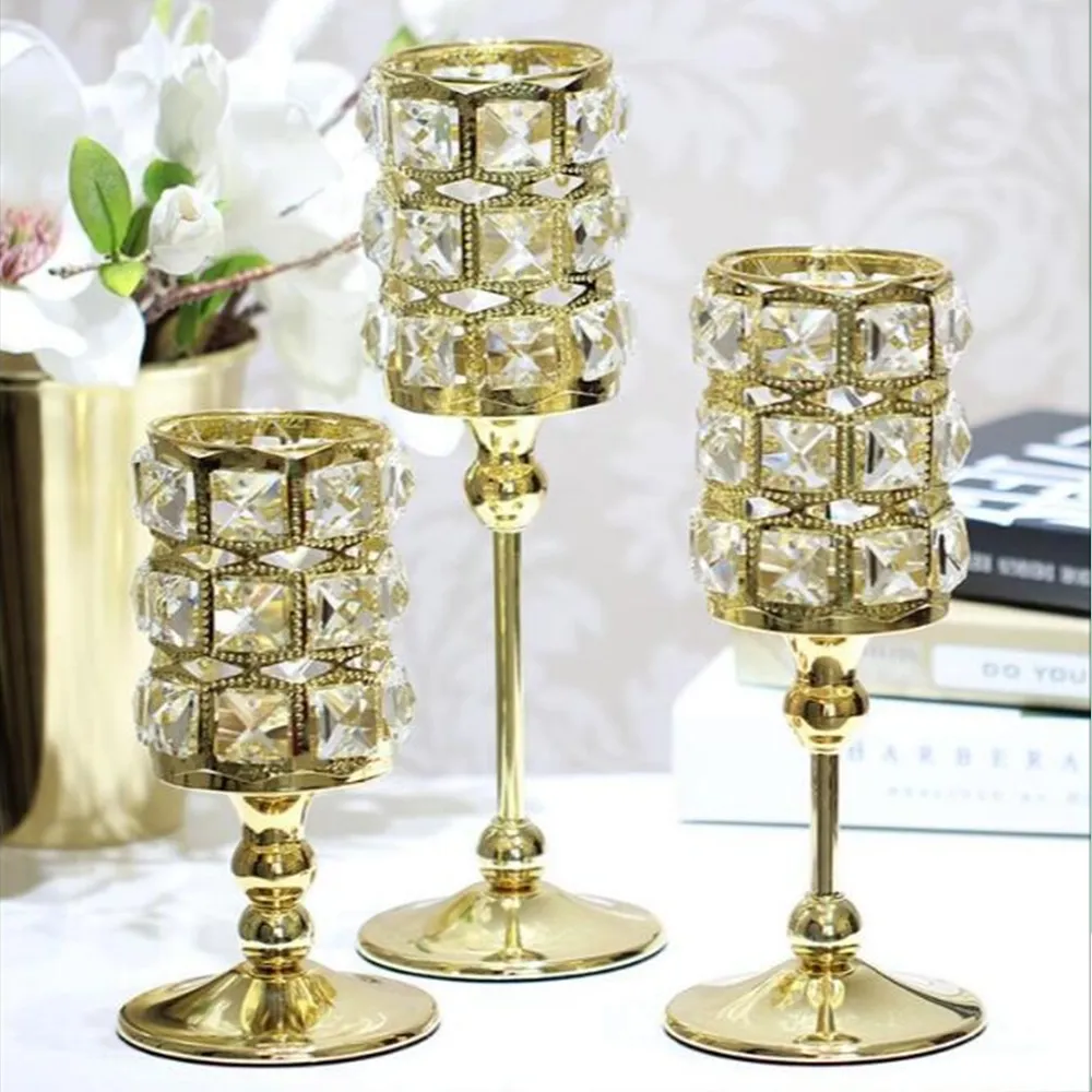 Nieuwe eigenaardige metalen gouden enkele kaars kristallen houder bruiloft tafel kandelabra centerpiece woondecoratie kandelaars 3 grootte