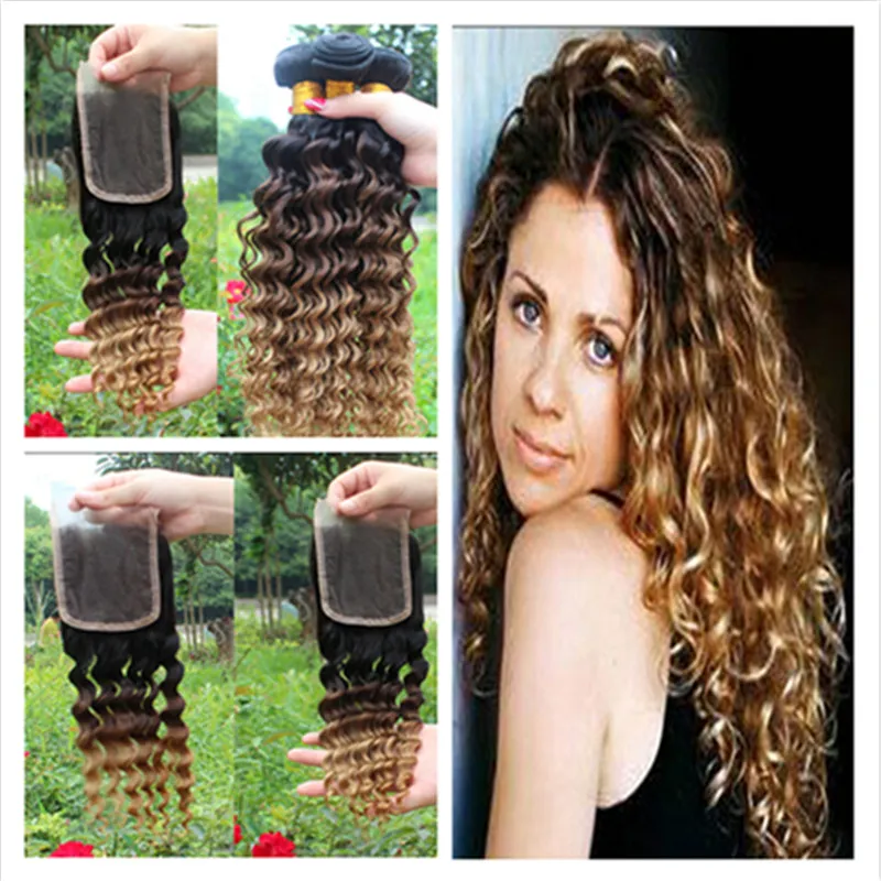 Malaysian Deep Wave Wavy Ombre Human Hair Extensions #1B 4 27 Ombre Hair Weave Bundles With Three Tone Ombre Lace Closure 4Pcs Lot